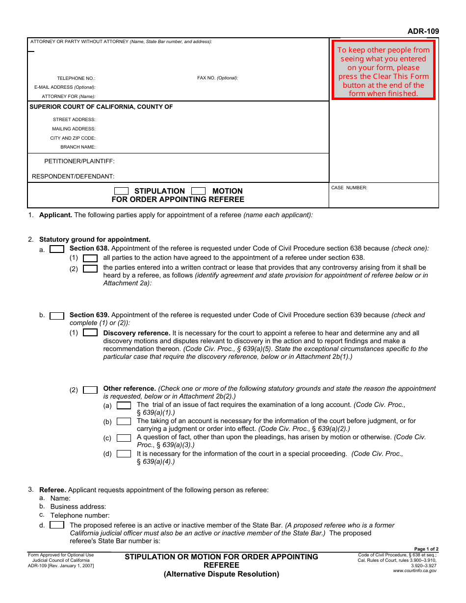 Form ADR-109 Stipulation or Motion for Order Appointing Referee - California, Page 1