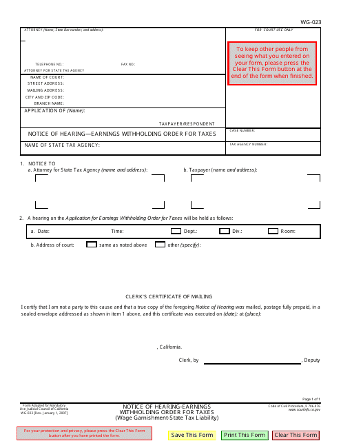 Form WG-023 Notice of Hearing - Earnings Withholding Order for Taxes - California