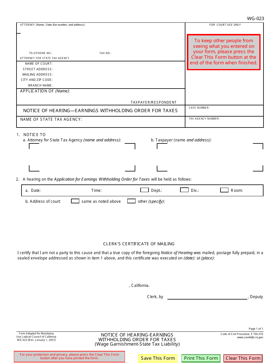 Form WG-023 Notice of Hearing - Earnings Withholding Order for Taxes - California, Page 1