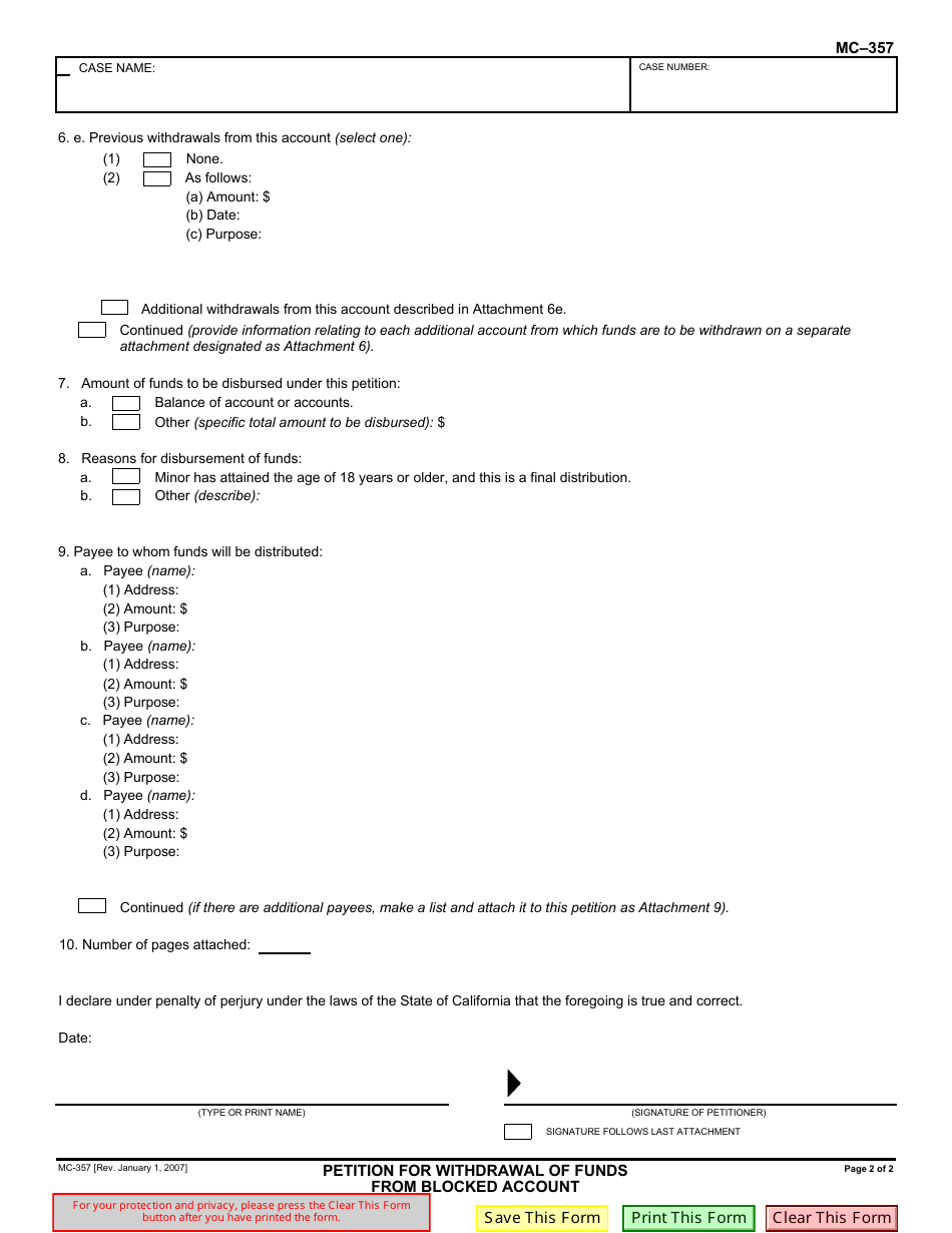 Form MC-357 Petition for Withdrawal of Funds From Blocked Account - California, Page 2