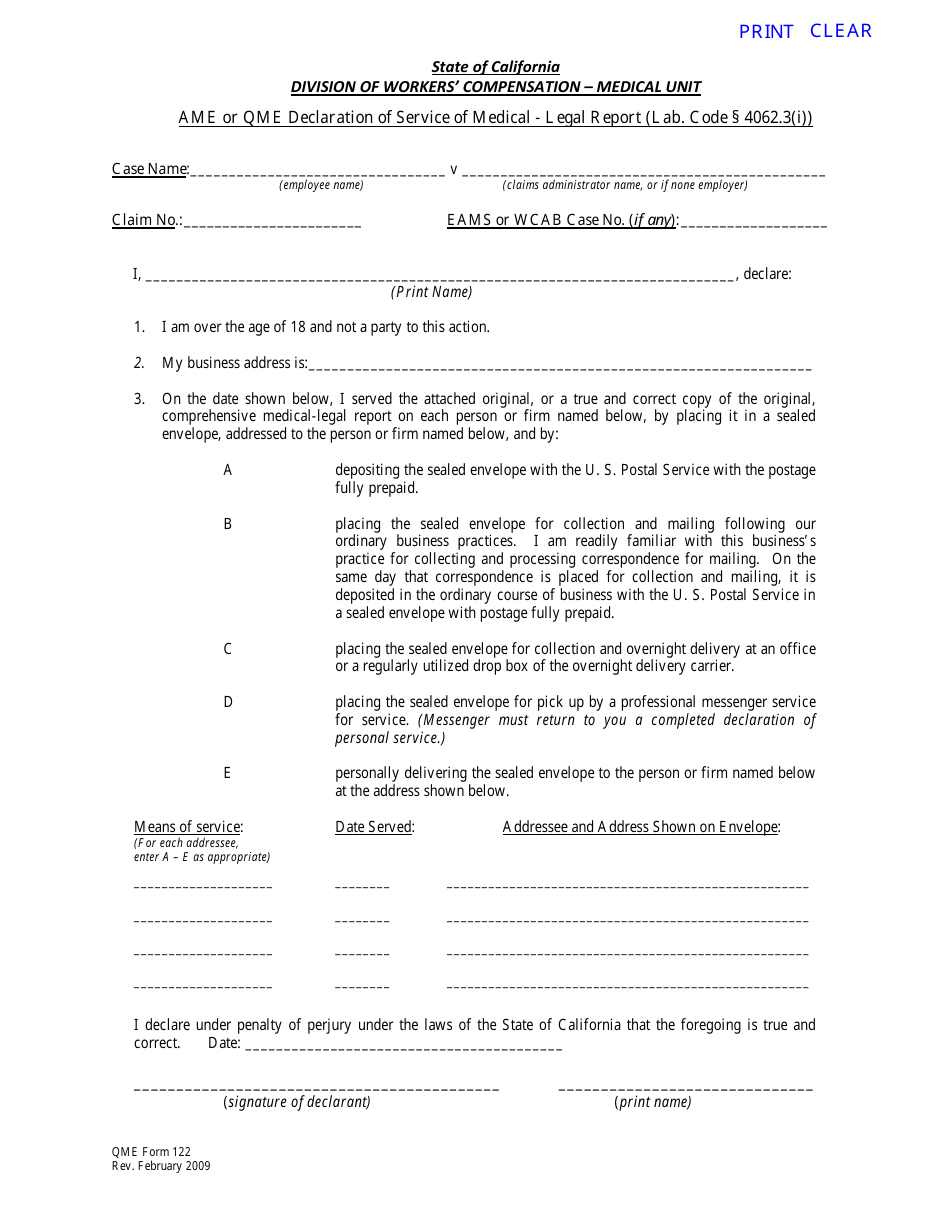 QME Form 122 Ame or Qme Declaration of Service of Medical - Legal Report - California, Page 1