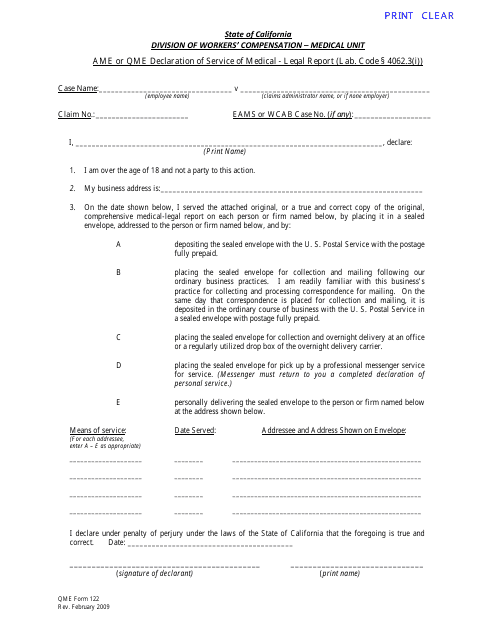 QME Form 122 Ame or Qme Declaration of Service of Medical - Legal Report - California