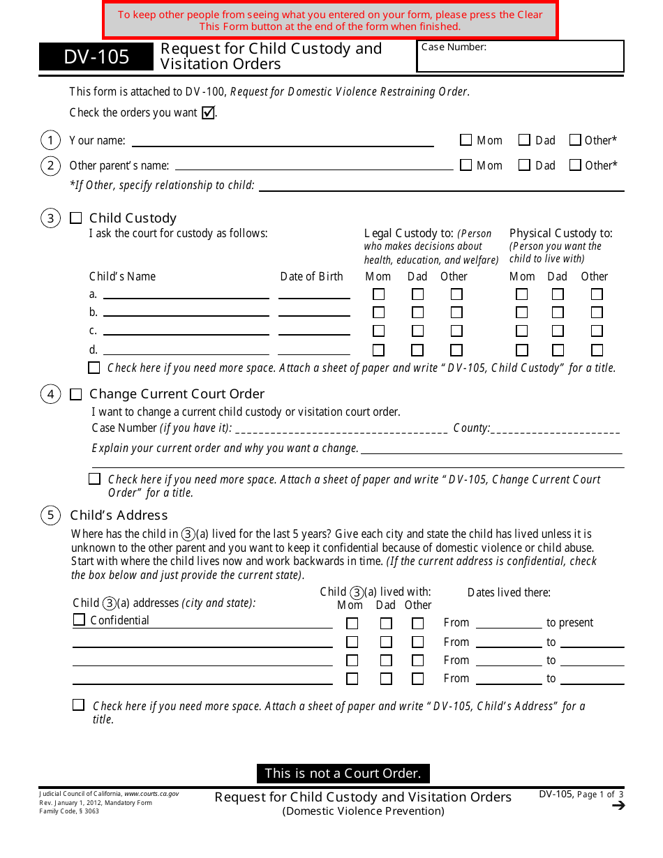 Form DV-105 Request for Child Custody and Visitation Orders - California, Page 1