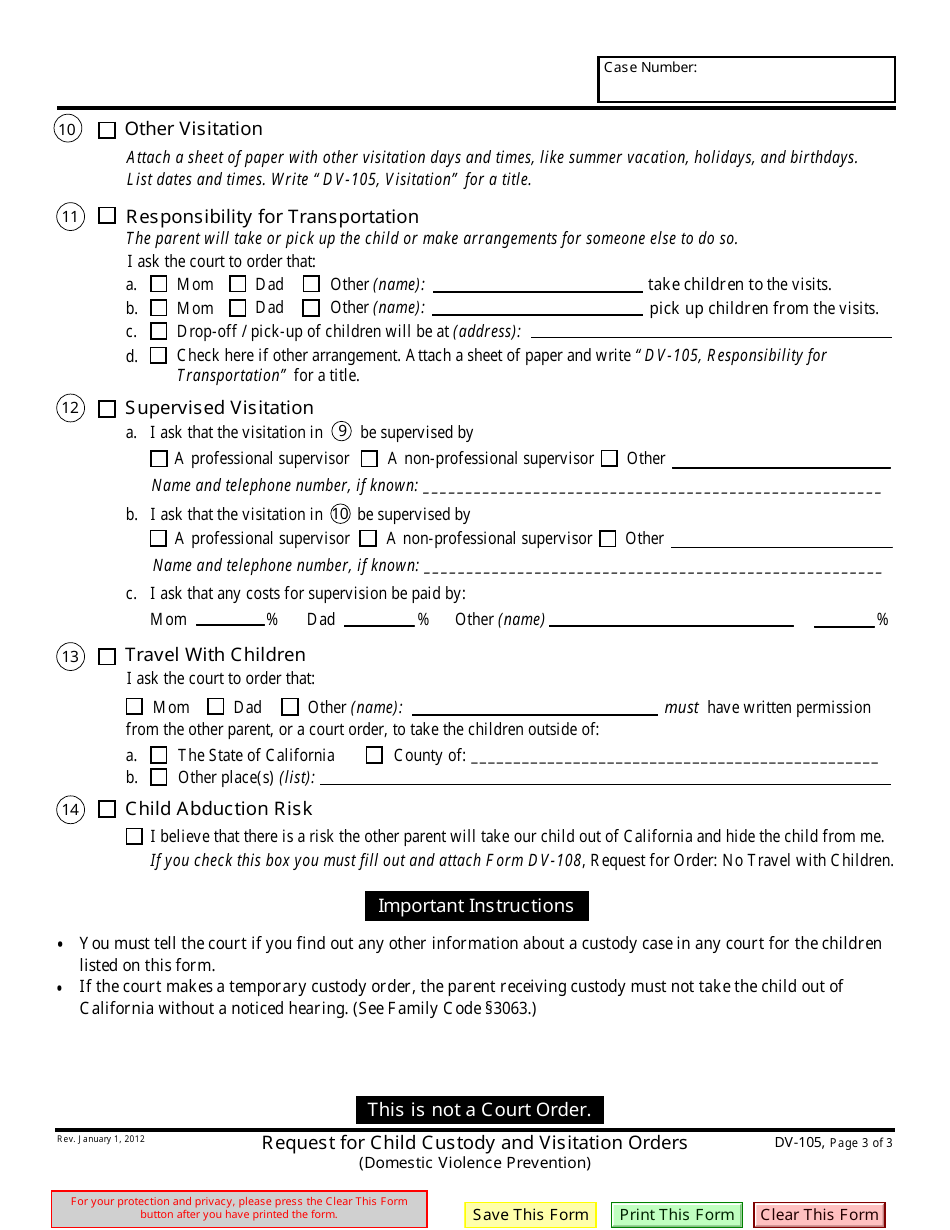 Form DV-105 Request for Child Custody and Visitation Orders - California, Page 3