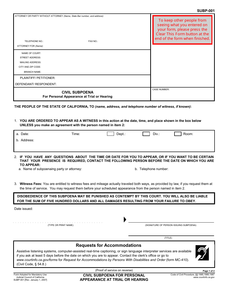 Form SUBP-001 Civil Subpoena for Personal Appearance at Trial or Hearing - California, Page 1