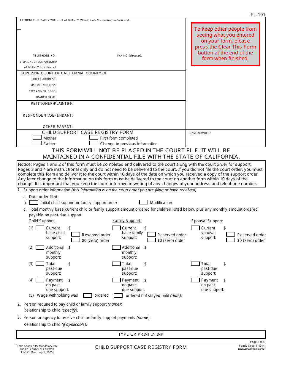 Form FL-191 Child Support Case Registry Form - California, Page 1