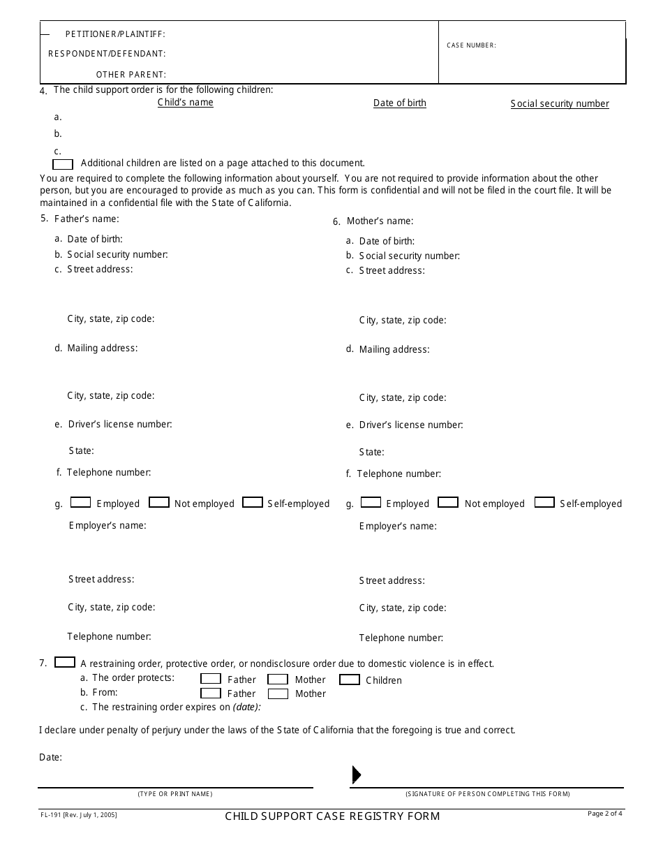 Form FL-191 Child Support Case Registry Form - California, Page 2