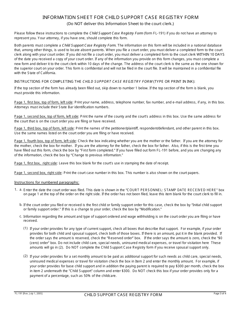 Form FL-191 Child Support Case Registry Form - California, Page 3