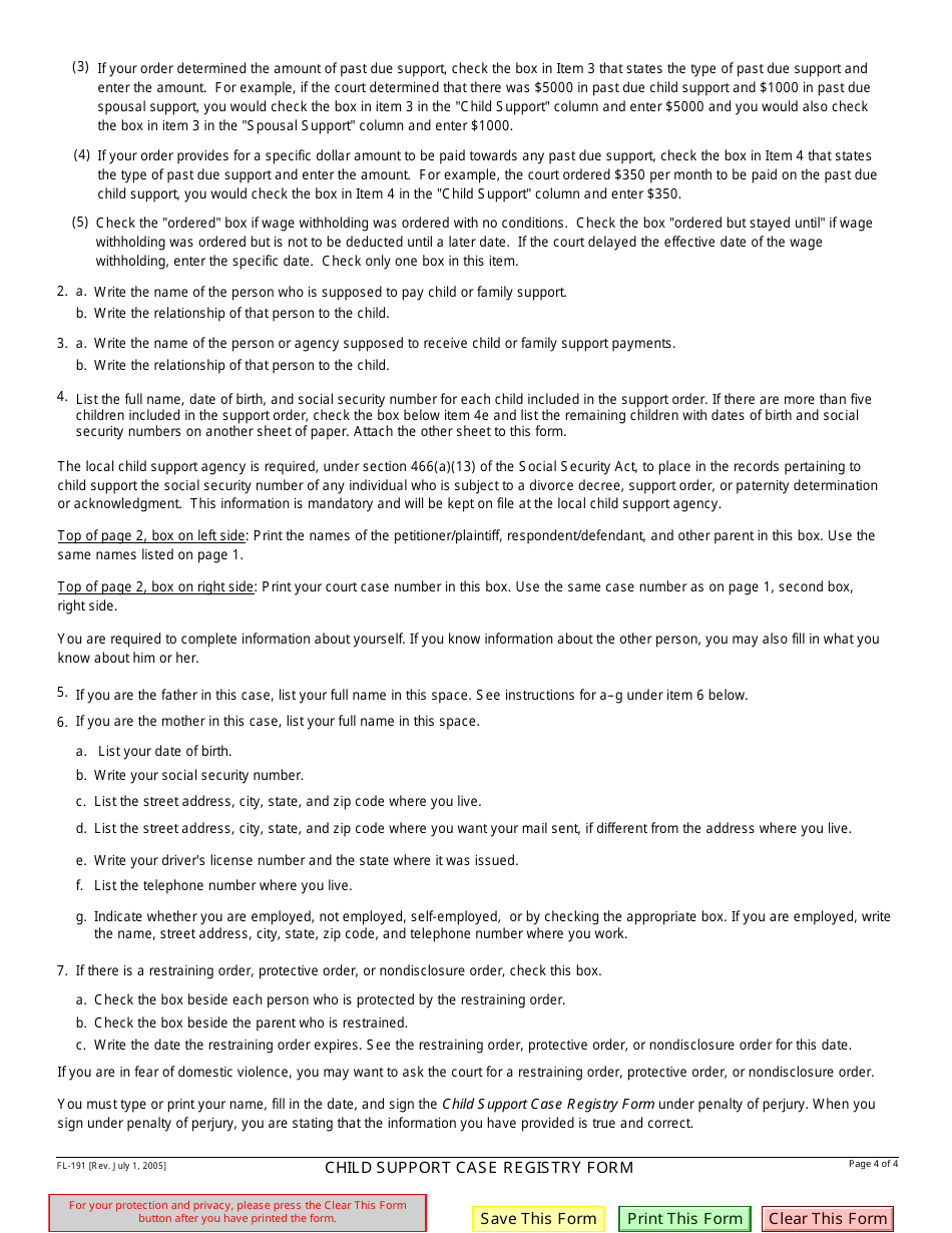 Form FL-191 Child Support Case Registry Form - California, Page 4