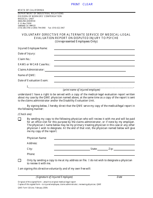 QME Form 120 Voluntary Directive for Alternate Service of Medical-Legal Evaluation Report on Disputed Injury to Psyche - California