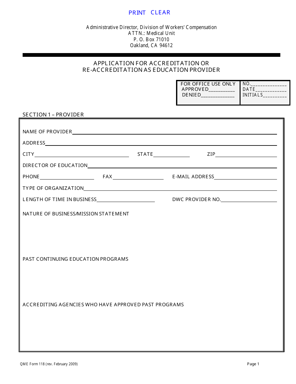 QME Form 118 Application for Accreditation or Re-accreditation as Education Provider - California, Page 1