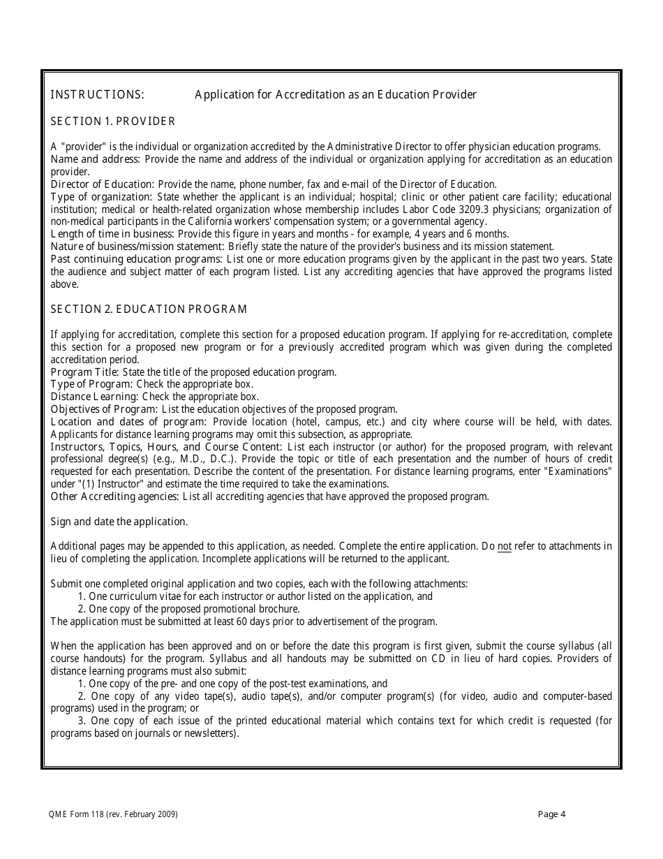QME Form 118 Application for Accreditation or Re-accreditation as Education Provider - California, Page 4
