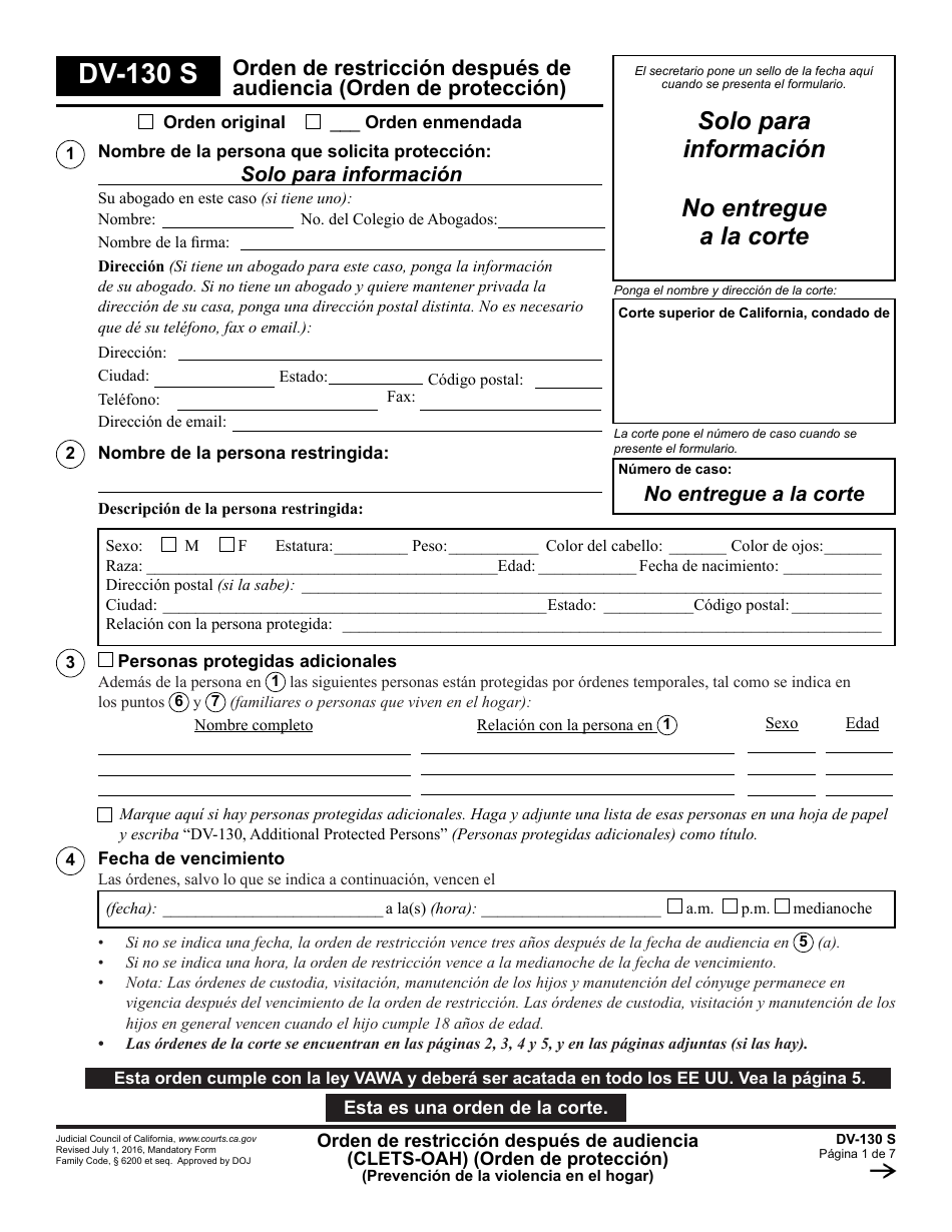 Formulario DV-130 S Orden De Restriccion Despues De Audiencia (Orden De Proteccion) - California (Spanish), Page 1