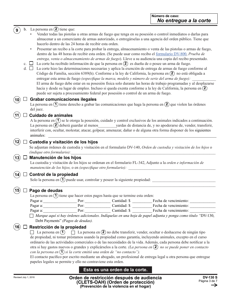 Formulario DV-130 S Orden De Restriccion Despues De Audiencia (Orden De Proteccion) - California (Spanish), Page 3