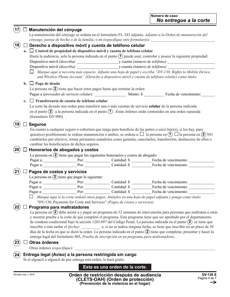 Formulario DV-130 S Orden De Restriccion Despues De Audiencia (Orden De Proteccion) - California (Spanish), Page 4