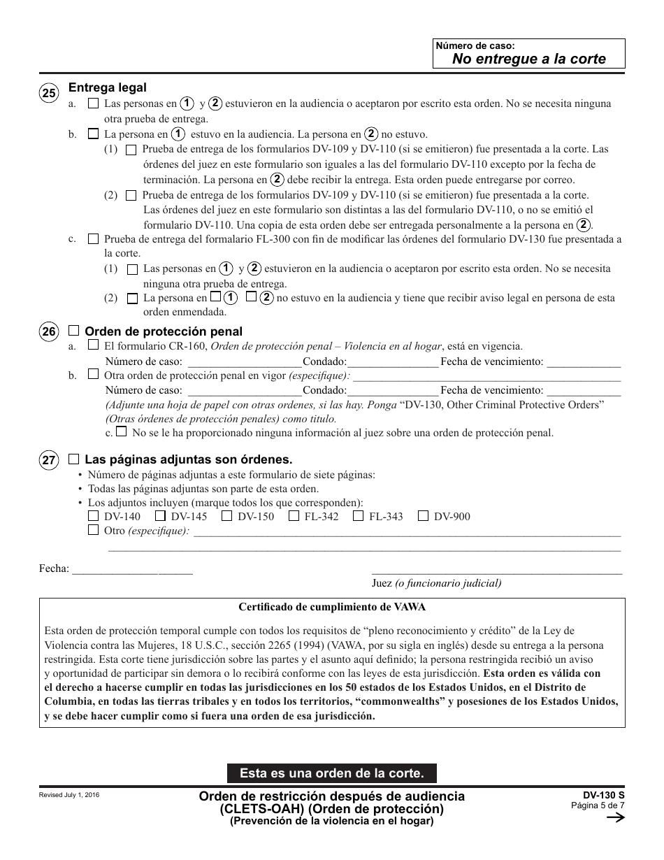 Formulario DV-130 S Orden De Restriccion Despues De Audiencia (Orden De Proteccion) - California (Spanish), Page 5