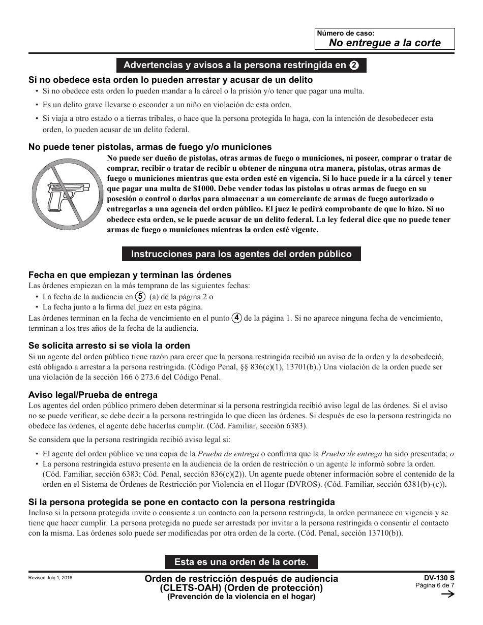 Formulario DV-130 S Orden De Restriccion Despues De Audiencia (Orden De Proteccion) - California (Spanish), Page 6