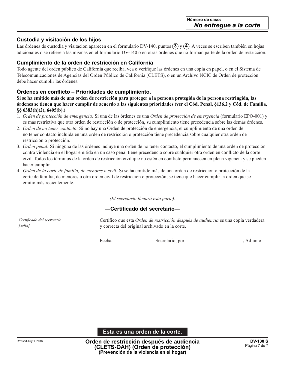 Formulario DV-130 S Orden De Restriccion Despues De Audiencia (Orden De Proteccion) - California (Spanish), Page 7