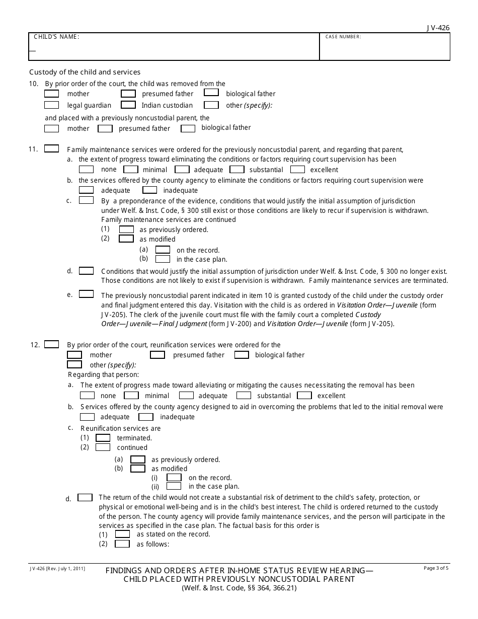 Form JV-426 Findings and Orders After in-Home Status Review Hearing - Child Placed With Previously Noncustodial Parent - California, Page 3