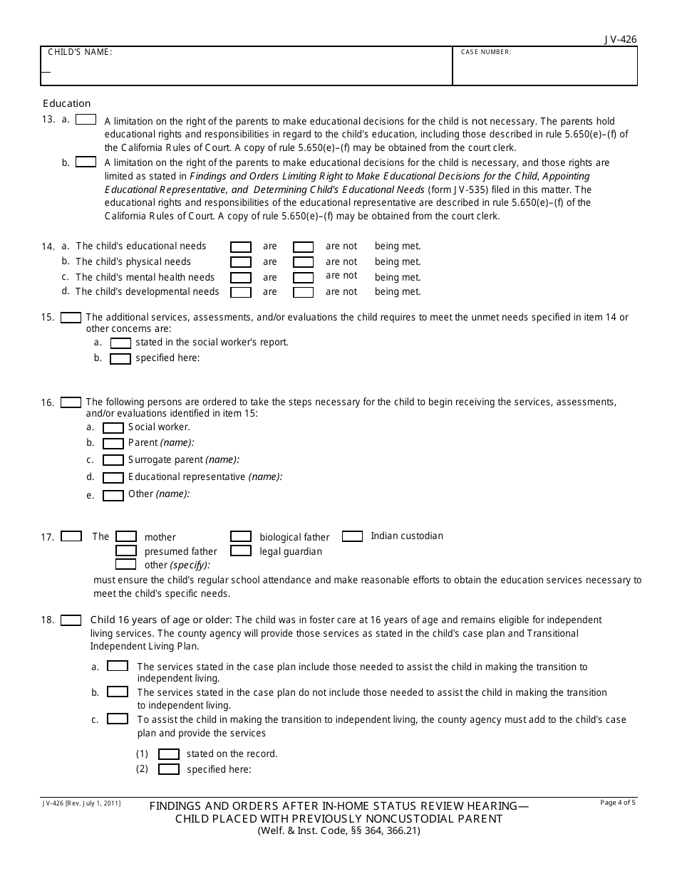 Form JV-426 Findings and Orders After in-Home Status Review Hearing - Child Placed With Previously Noncustodial Parent - California, Page 4
