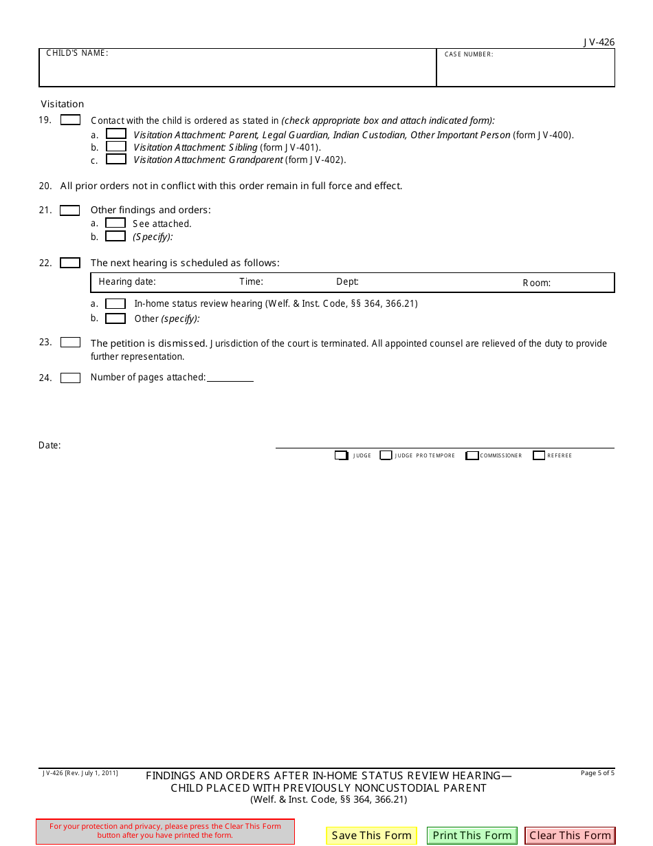 Form JV-426 Findings and Orders After in-Home Status Review Hearing - Child Placed With Previously Noncustodial Parent - California, Page 5