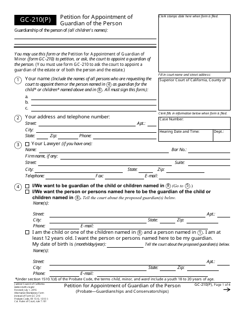 Form GC-210(P) Petition for Appointment of Guardian of the Person - California