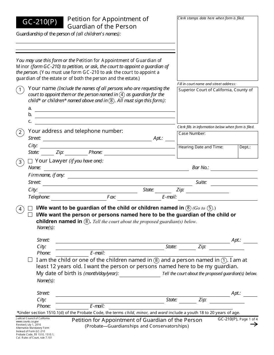 Form GC-210(P) Petition for Appointment of Guardian of the Person - California, Page 1