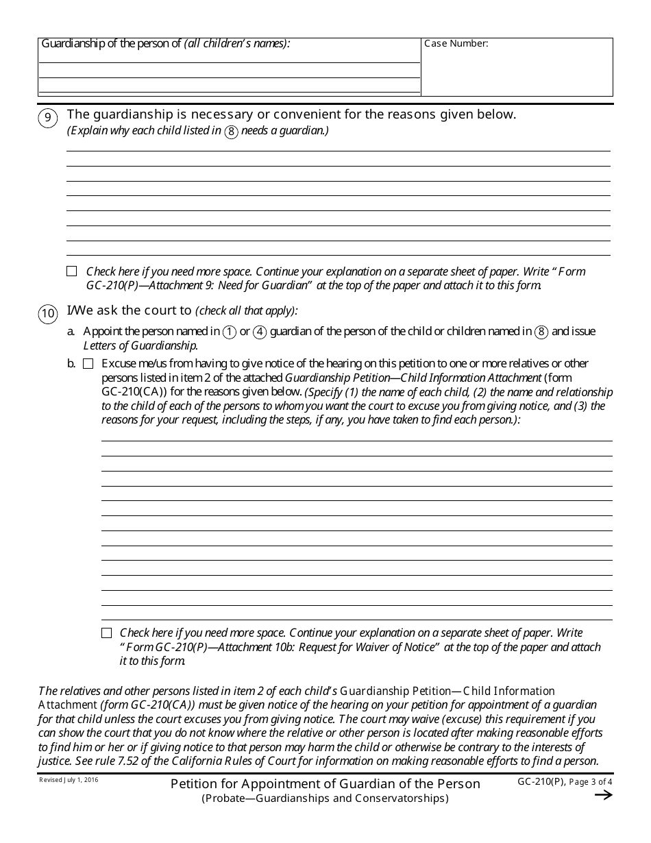 Form GC-210(P) Petition for Appointment of Guardian of the Person - California, Page 3
