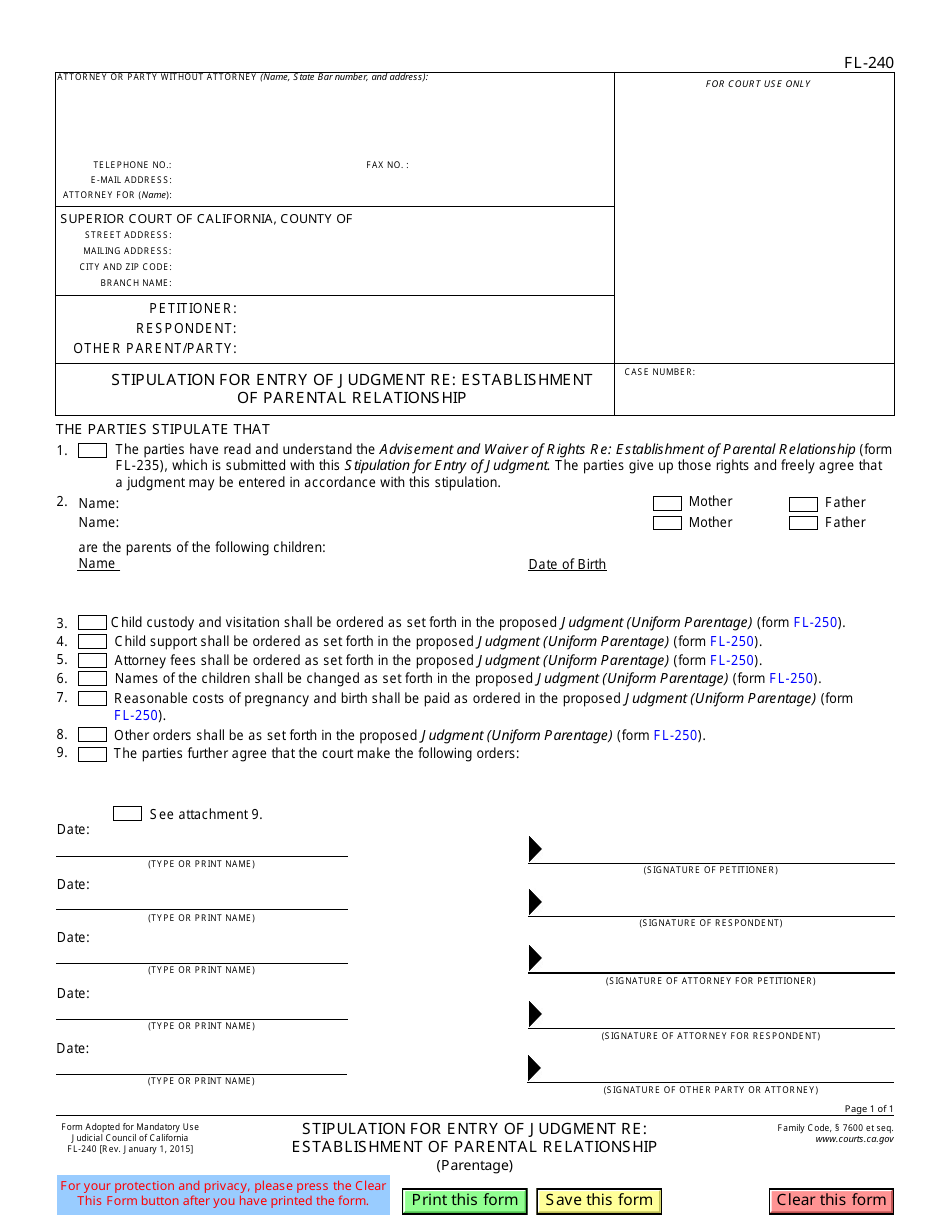 Form FL-240 - Fill Out, Sign Online and Download Fillable PDF ...