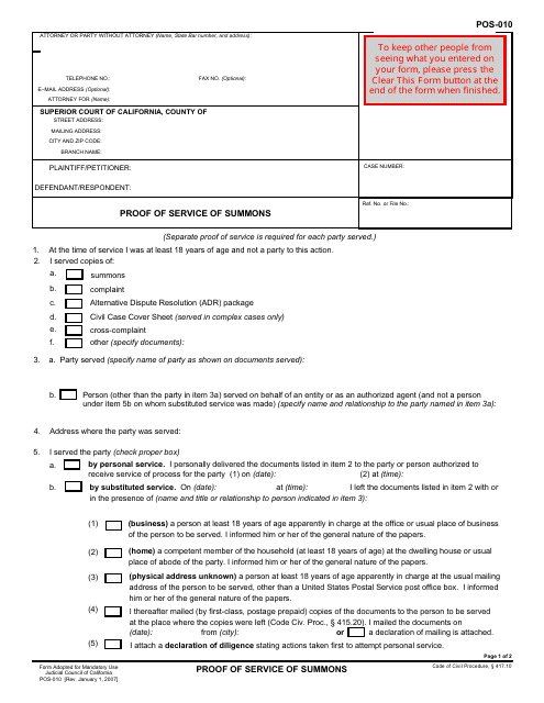 Form POS-010 Proof of Service of Summons - California