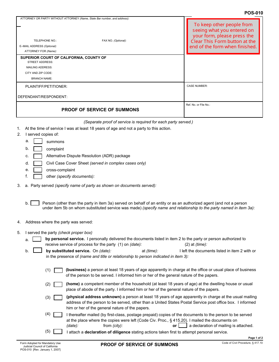 Form POS-010 Proof of Service of Summons - California, Page 1