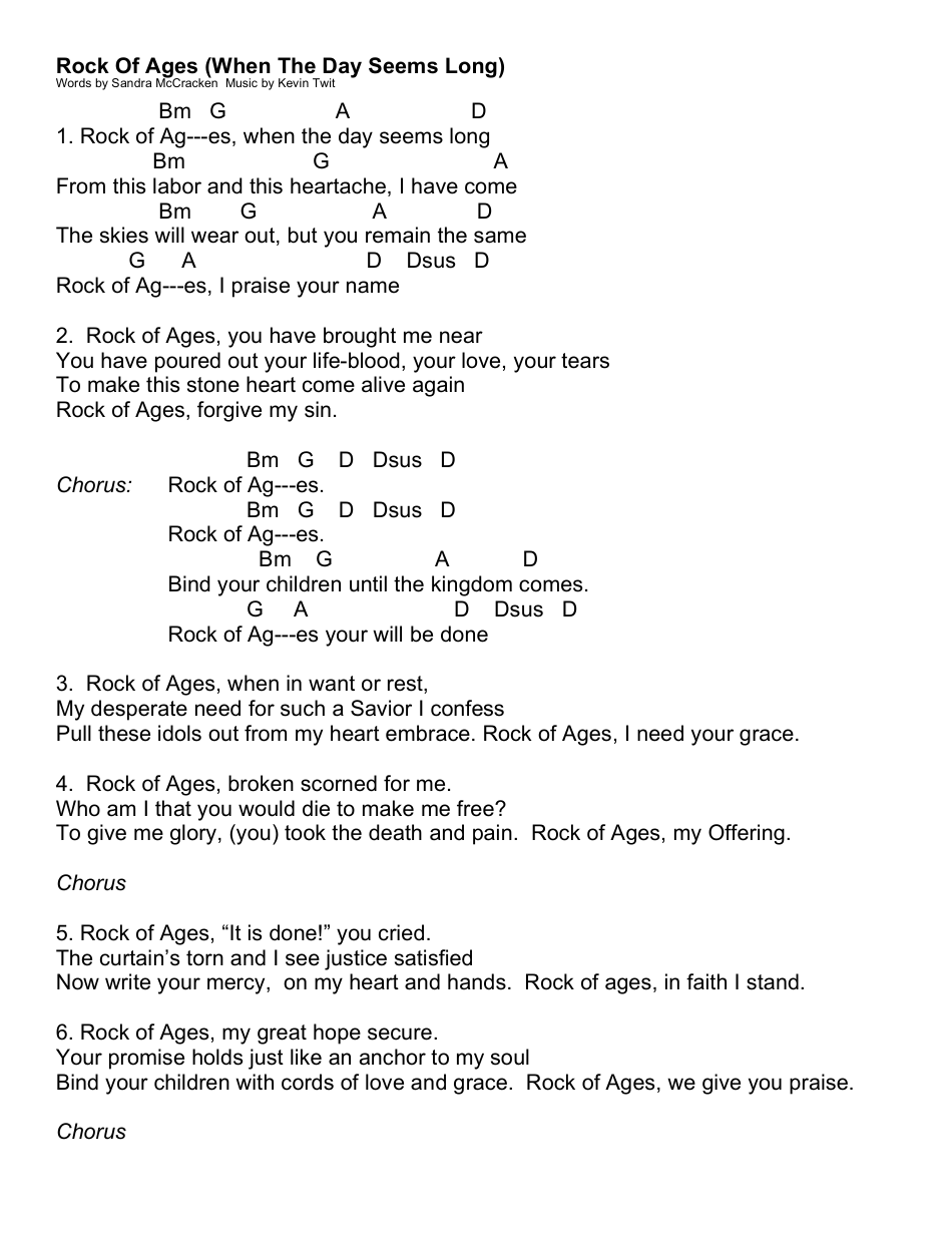 Kevin Twit - Rock of Ages (When the Day Seems Long) Guitar Chord Chart Preview