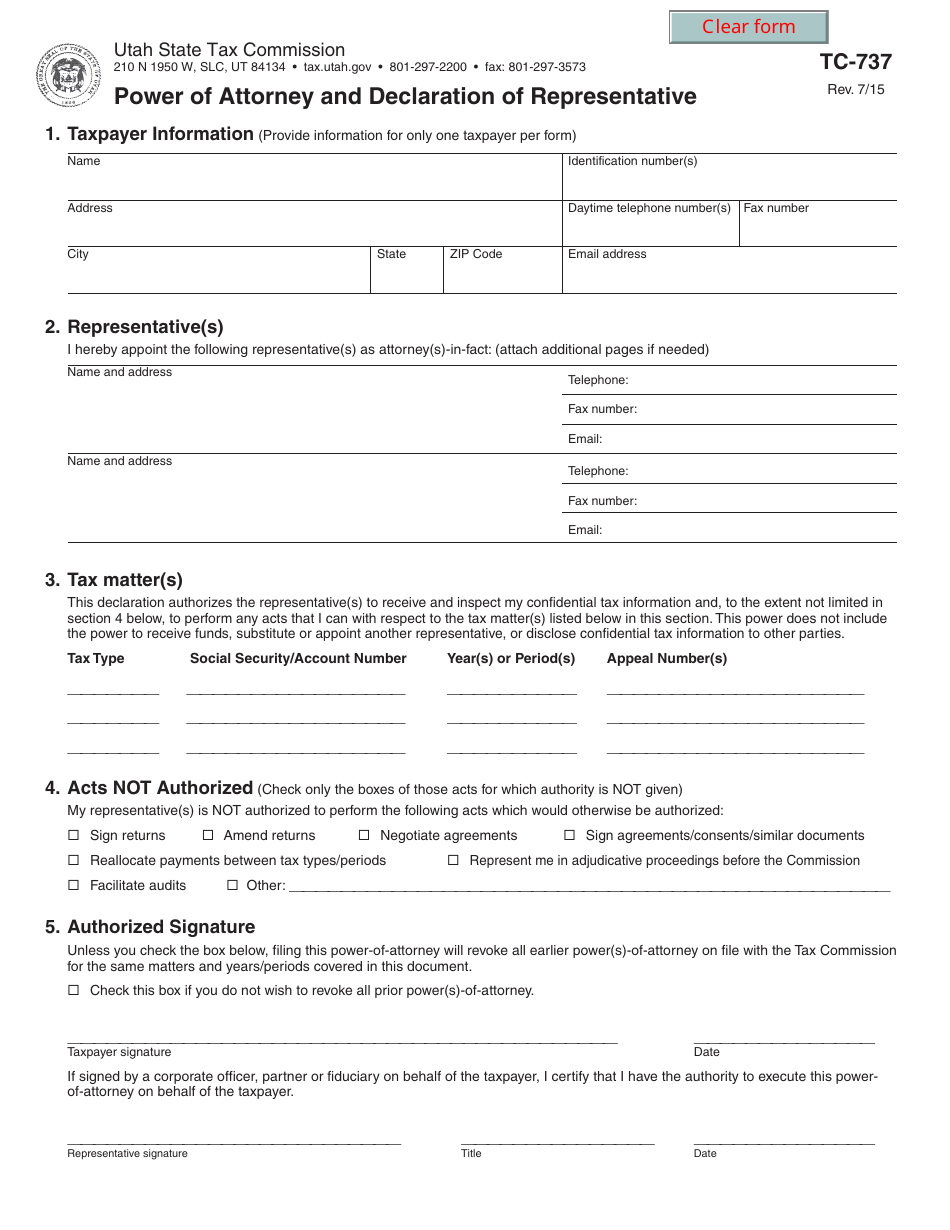 Form TC-737 Power of Attorney and Declaration of Representative - Utah, Page 1