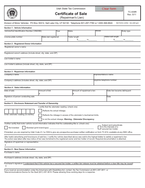 Form TC-839R Certificate of Sale (Repairman's Lien) - Utah