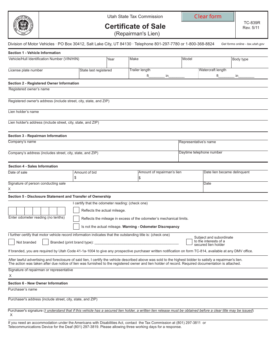Form TC-839R Certificate of Sale (Repairmans Lien) - Utah, Page 1