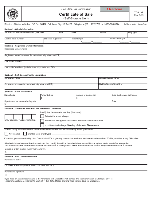 Form TC-839S Certificate of Sale (Self-storage Lien) - Utah