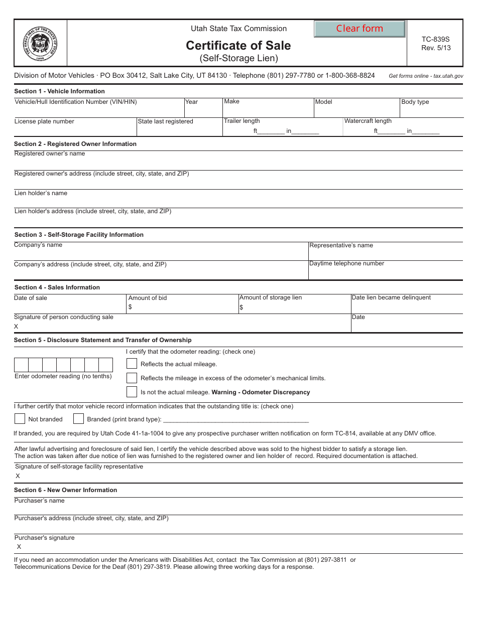 Form TC-839S Certificate of Sale (Self-storage Lien) - Utah, Page 1