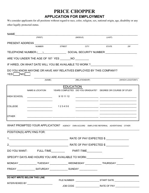 Employment Application Form - Price Chopper Download Pdf