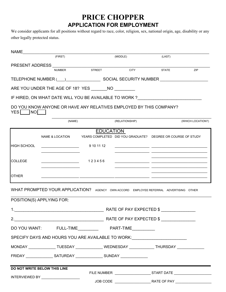 Employment Application Form - Price Chopper, Page 1