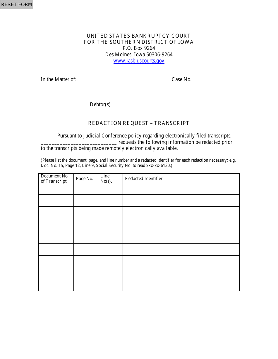 Transcript Redaction Request Form - Iowa, Page 1