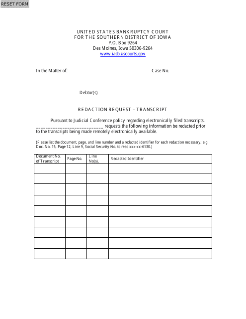Transcript Redaction Request Form - Iowa