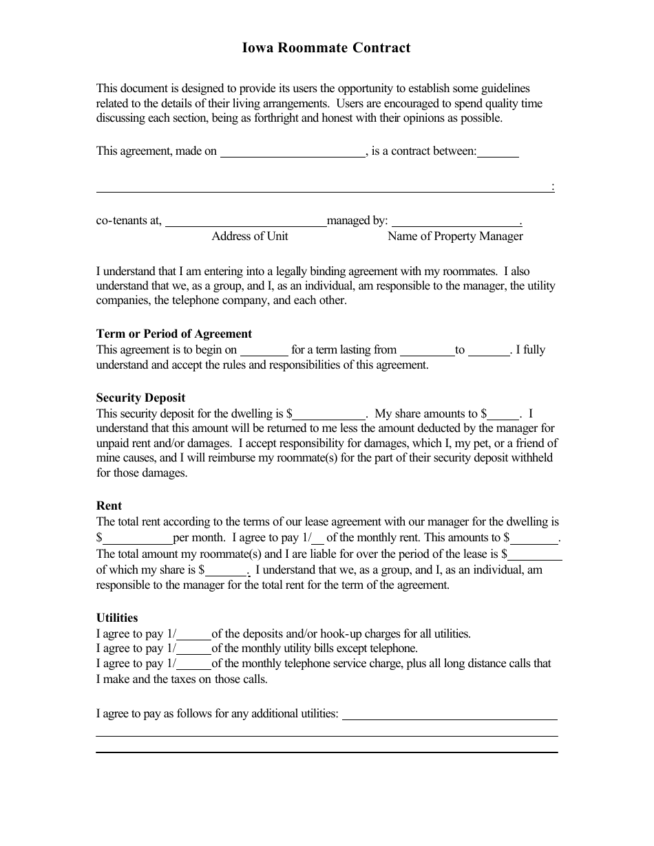 Roommate Contract Template - Iowa, Page 1