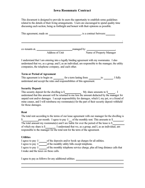 Roommate Contract Template - Iowa