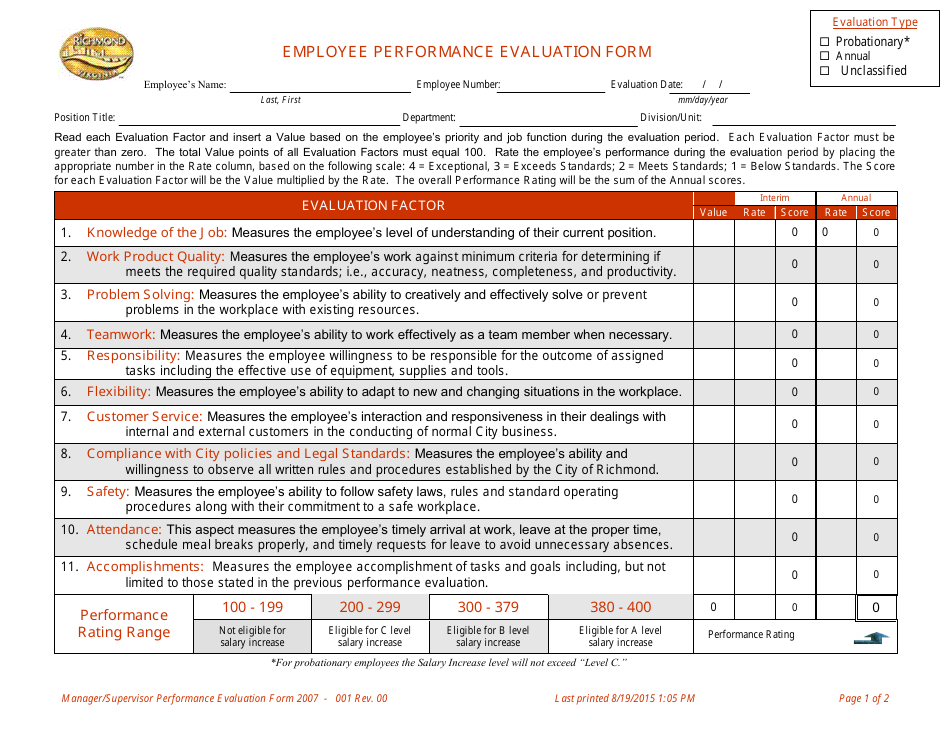 Performance Evaluation Form - City of Richmond, Virginia, Page 1