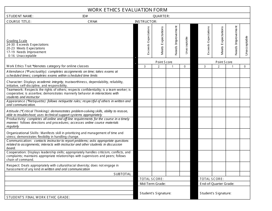 Work Ethics Evaluation Form, Page 1