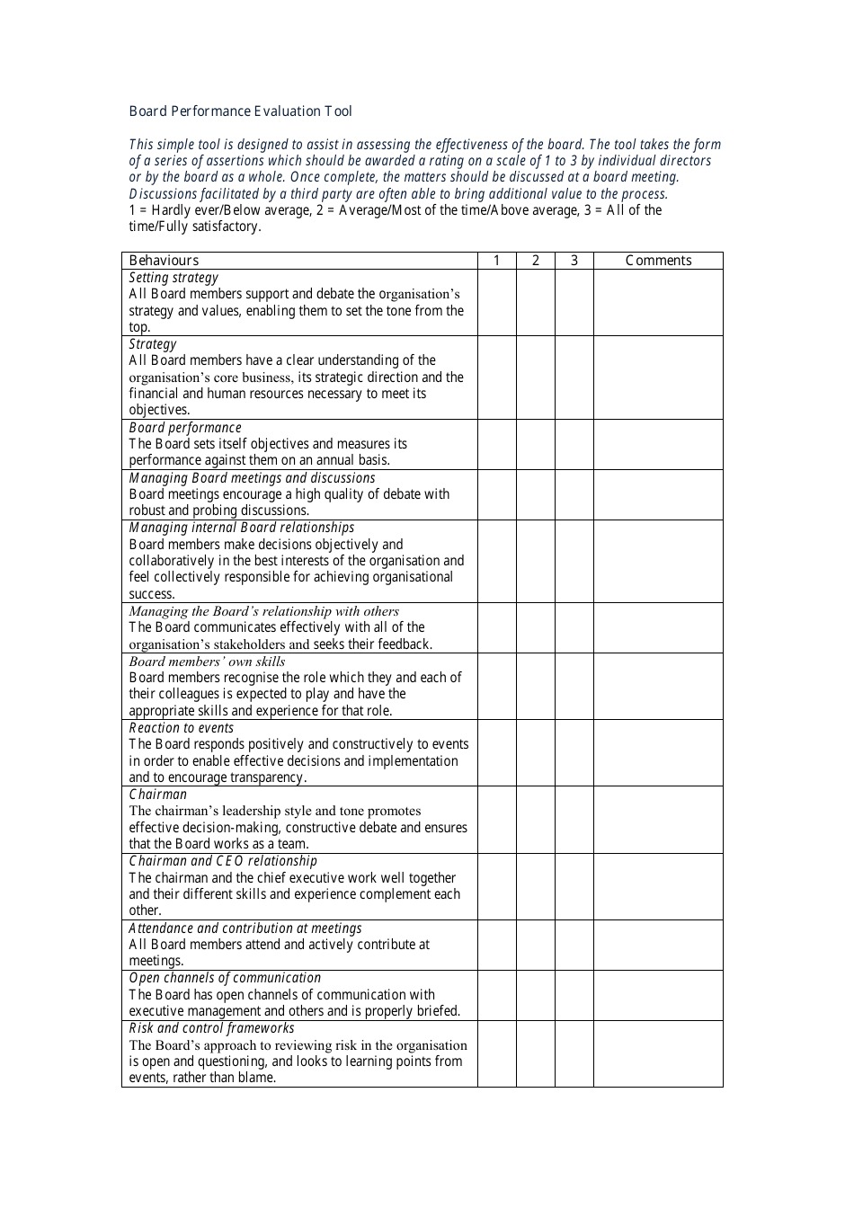 Board Performance Evaluation Form, Page 1