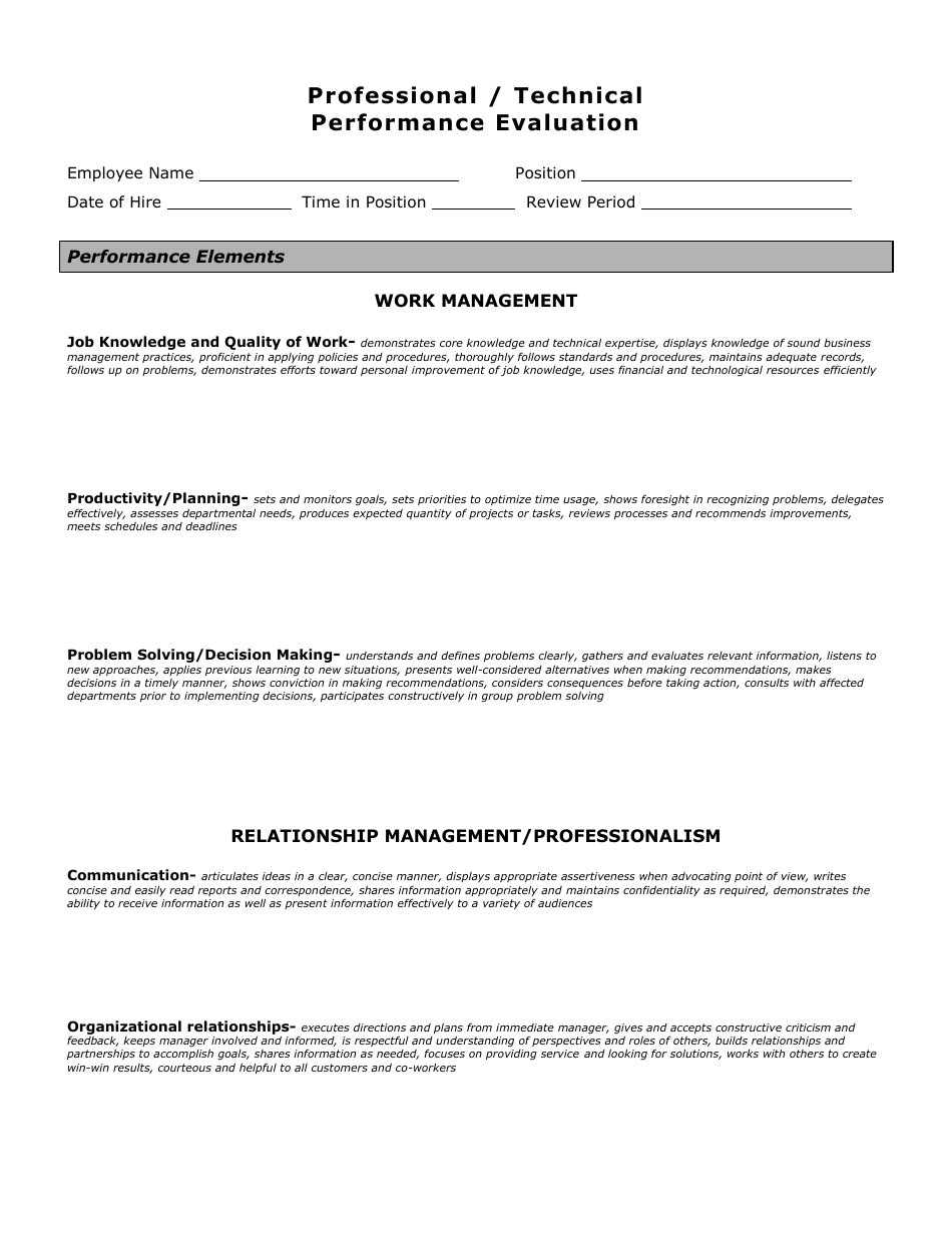 Professional / Technical Performance Evaluation Form, Page 1