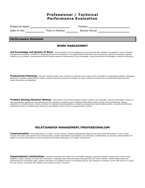 Professional / Technical Performance Evaluation Form Download Pdf