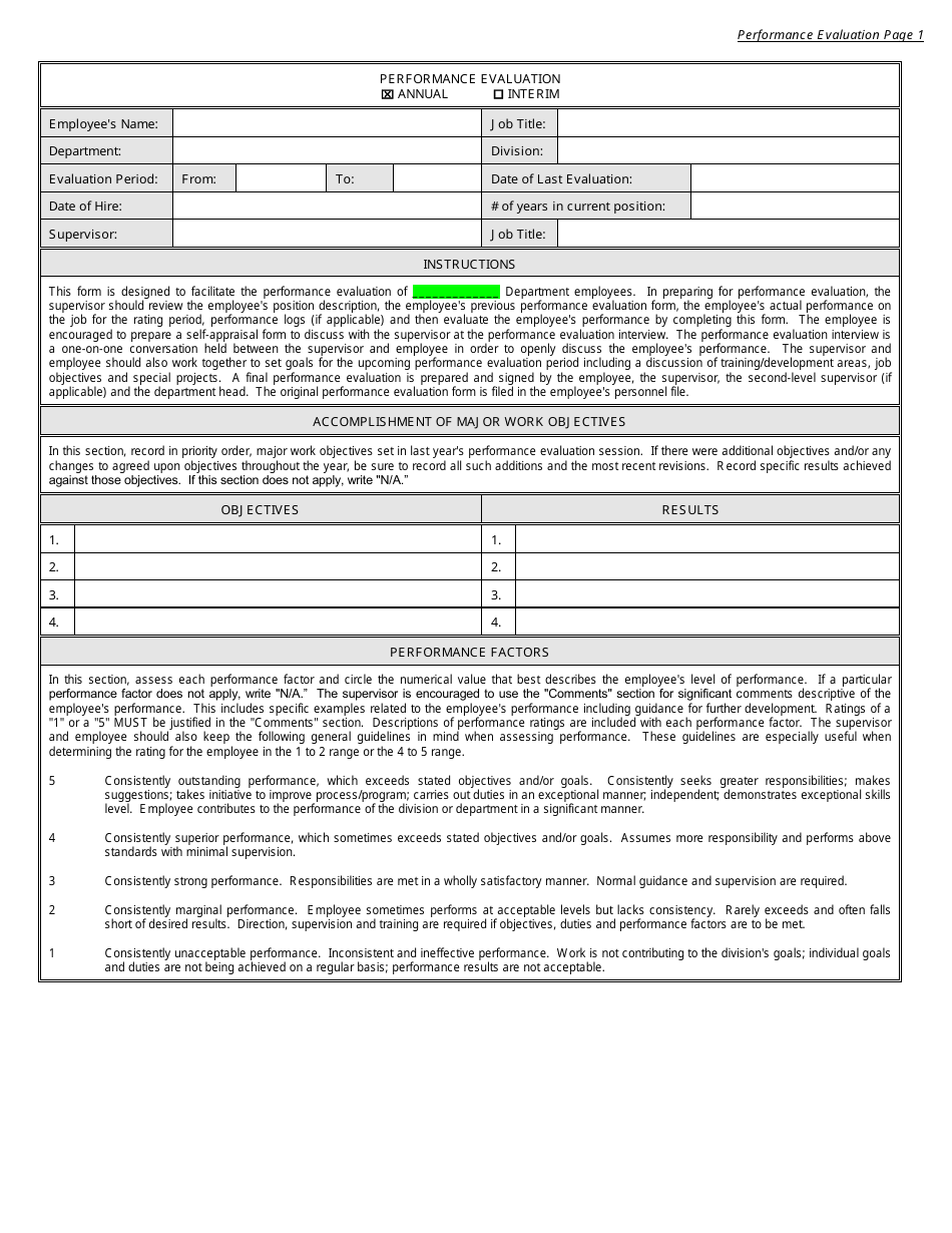 Performance Evaluation Form - City and County of Broomfield, Colorado, Page 1