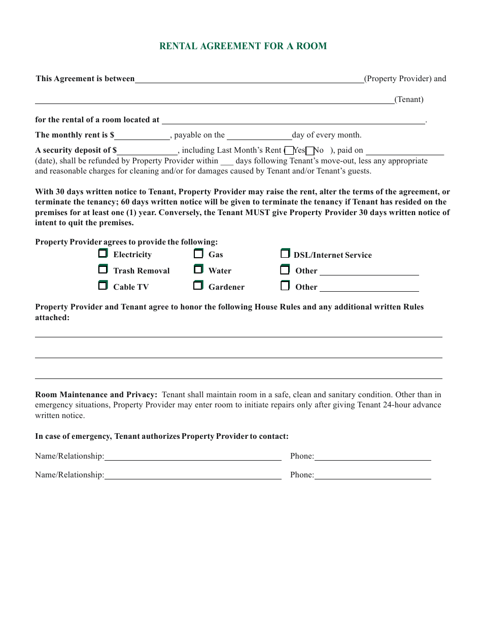 Room Rental Agreement Form - Green, Page 1